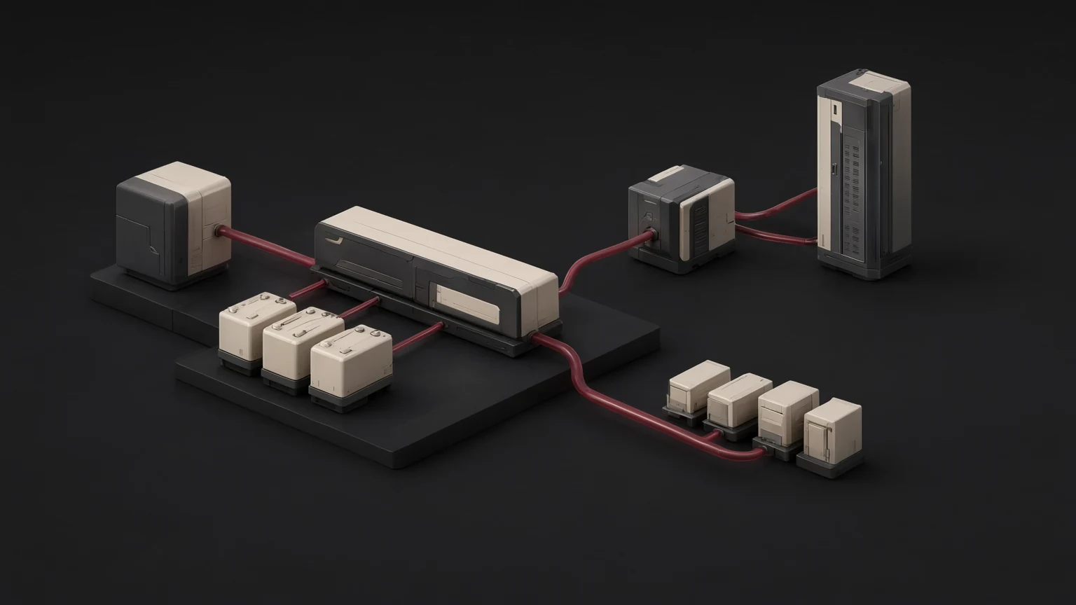 Conceptual telecom power-platform illustration with storage and separate load branches; not an installation drawing or a real telecom site.