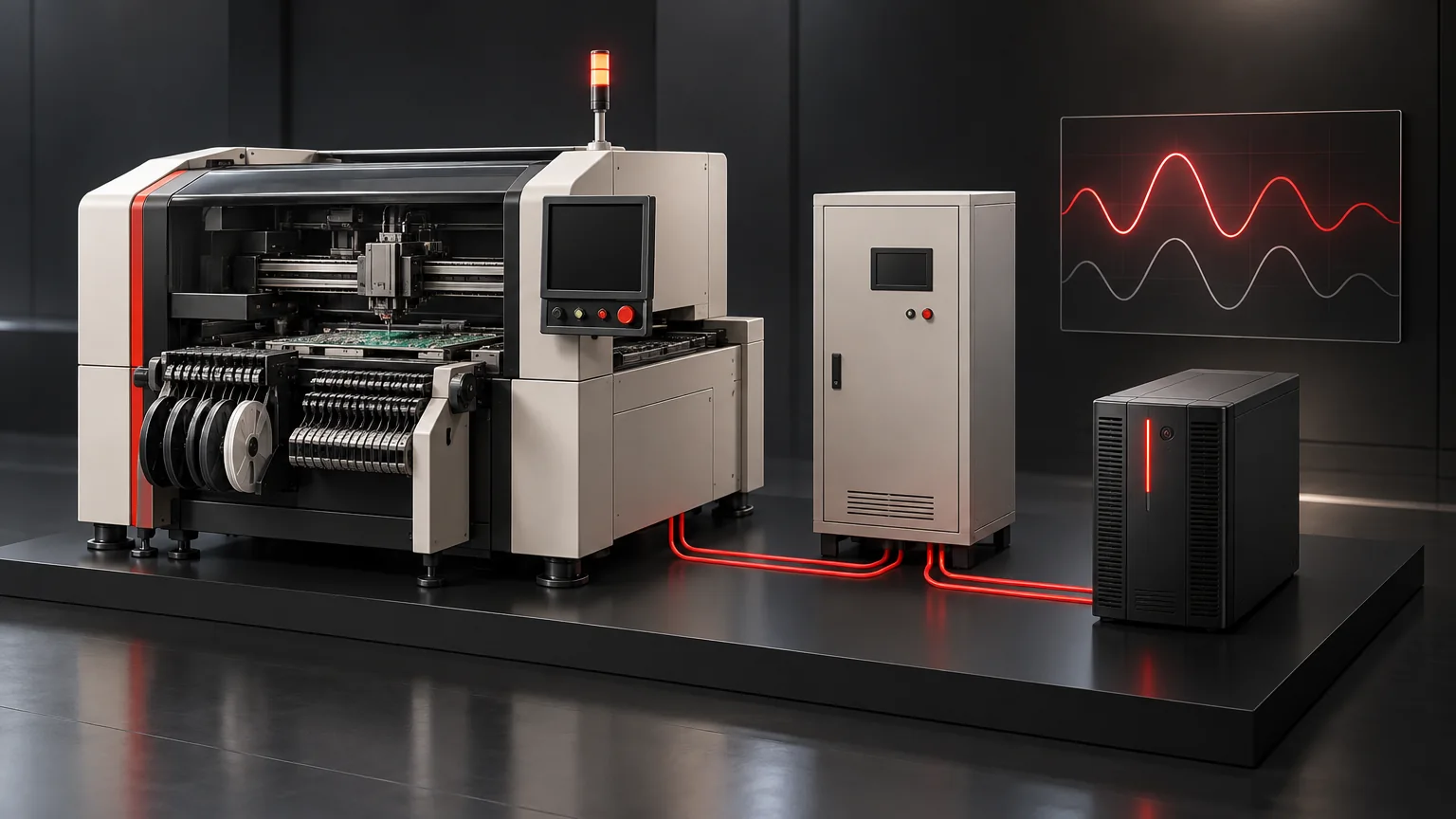 Conceptual editorial illustration for UPS Selection for SMT Lines: Separate Controls, Motion and Heat; unbranded illustrative equipment, not an actual product, installation, wiring diagram or verified test result.