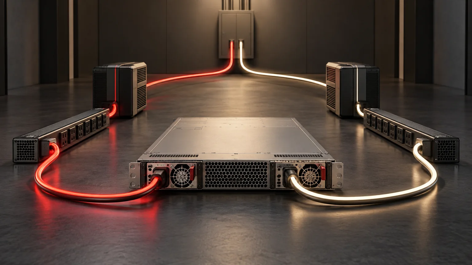 Conceptual editorial illustration for Dual-Cord Servers: Map Both UPS Power Paths; unbranded illustrative equipment, not an actual product, installation, wiring diagram or verified test result.