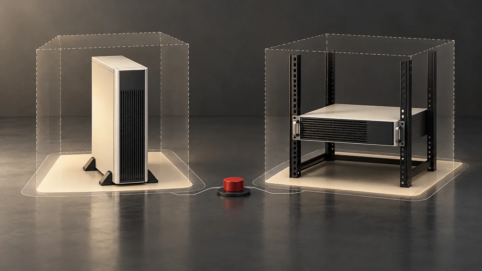 Conceptual editorial illustration for Tower or Rack UPS When There Is No Suitable Cabinet; unbranded illustrative equipment, not an actual product, installation, wiring diagram or verified test result.