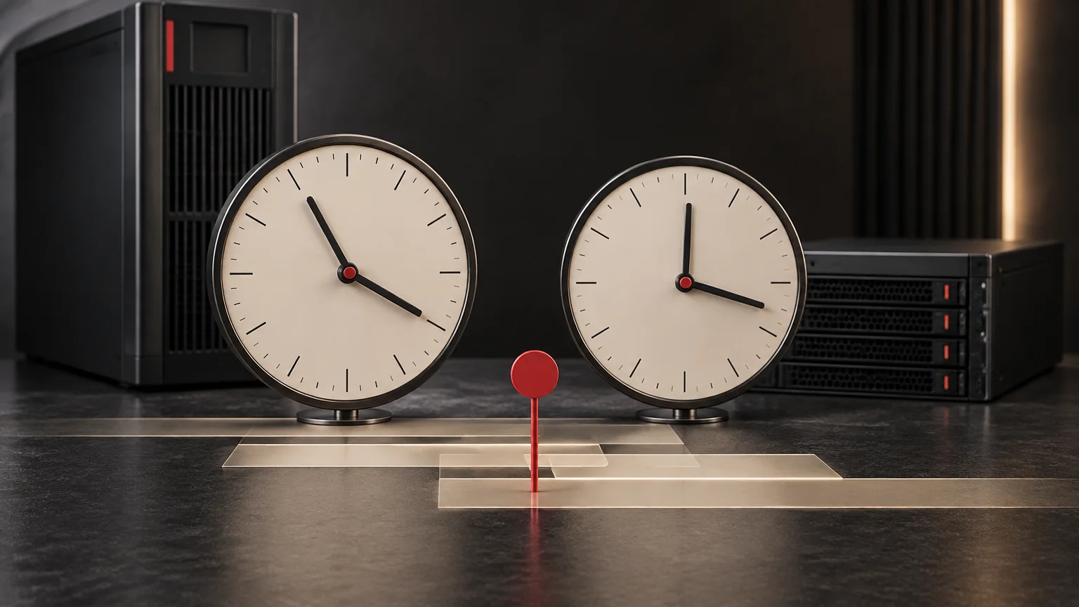 Conceptual editorial illustration for Aligning UPS, Server and Network Event Clocks; unbranded illustrative equipment, not an actual product, installation, wiring diagram or verified test result.