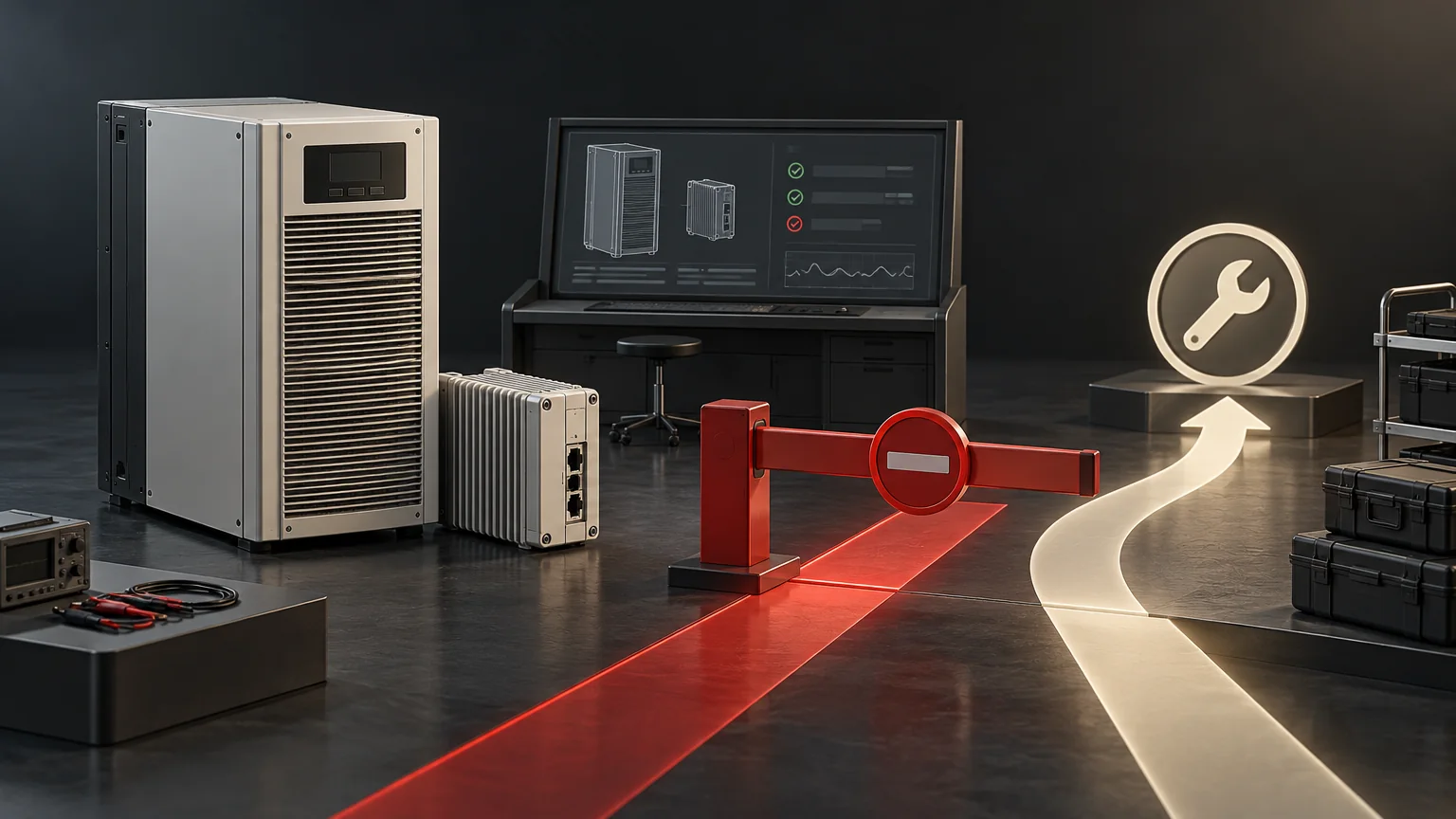 Conceptual editorial illustration for Before a UPS Firmware Change: A Go/No-Go Review; unbranded illustrative equipment, not an actual product, installation, wiring diagram or verified test result.