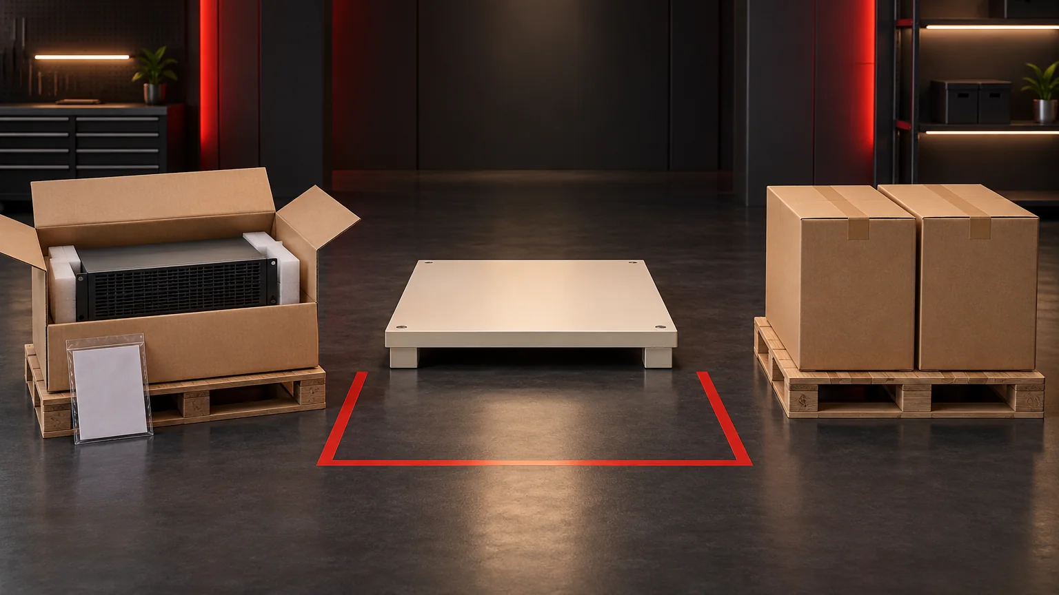 Conceptual illustration of separate UPS and battery deliveries awaiting installation readiness.