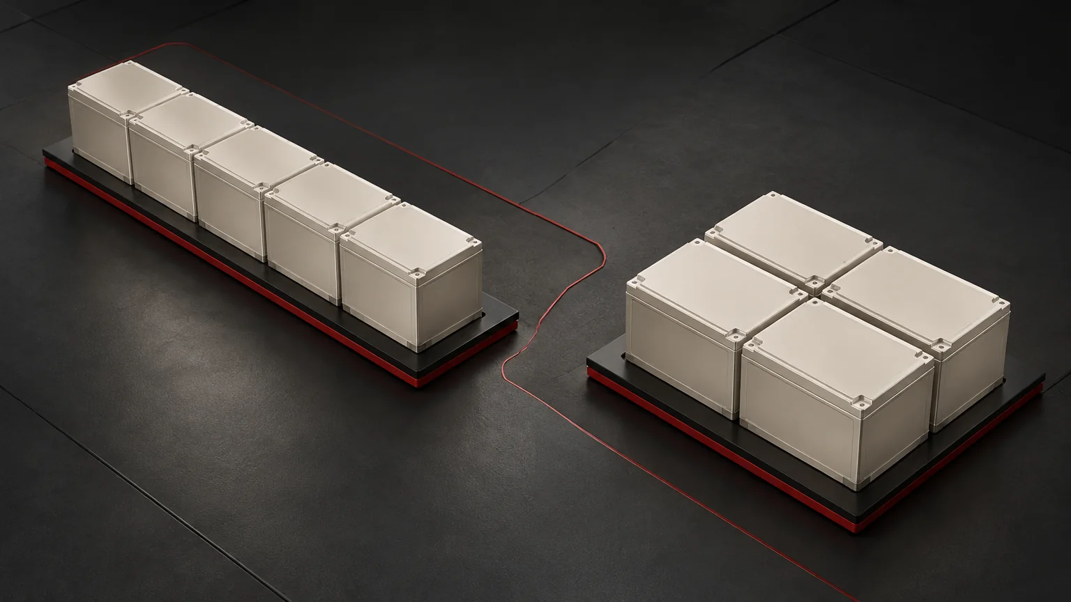 Conceptual engineering illustration: Series vs Parallel Batteries in a UPS Design Review.
