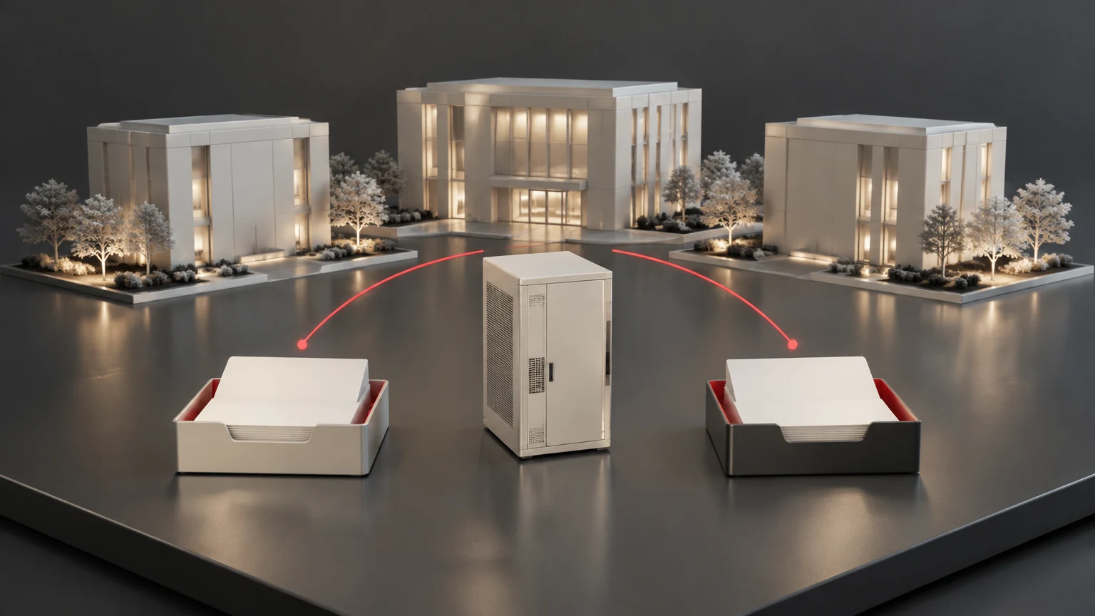 Conceptual campus alarm handover illustration with primary and backup responsibility trays; not a real installation.