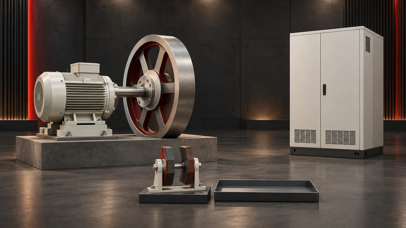 Conceptual motor, flywheel and separate UPS awaiting regenerative-energy review; not a compatible pairing.