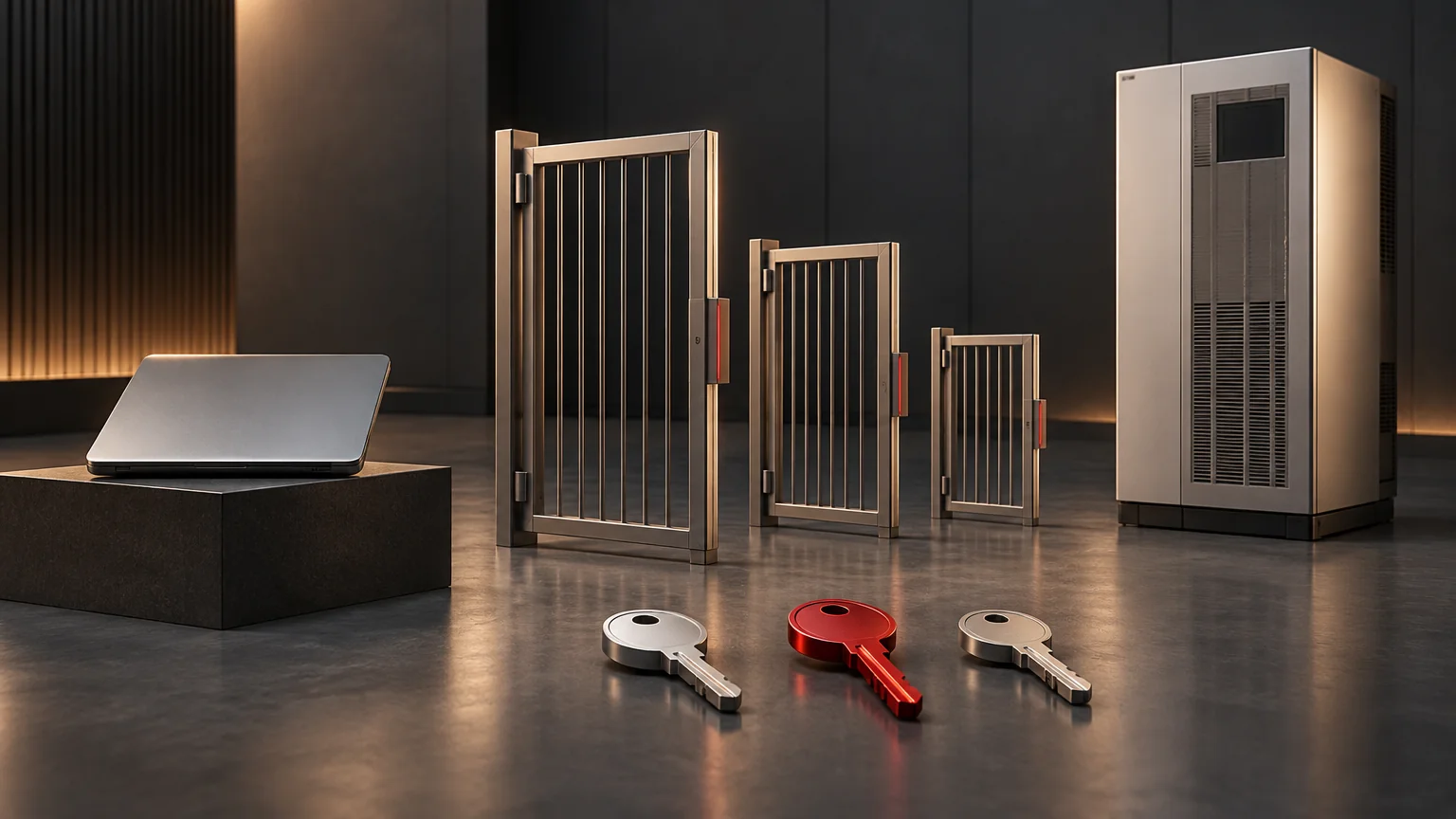 Conceptual keys and gates distinguishing UPS observation rights from power-control authority.