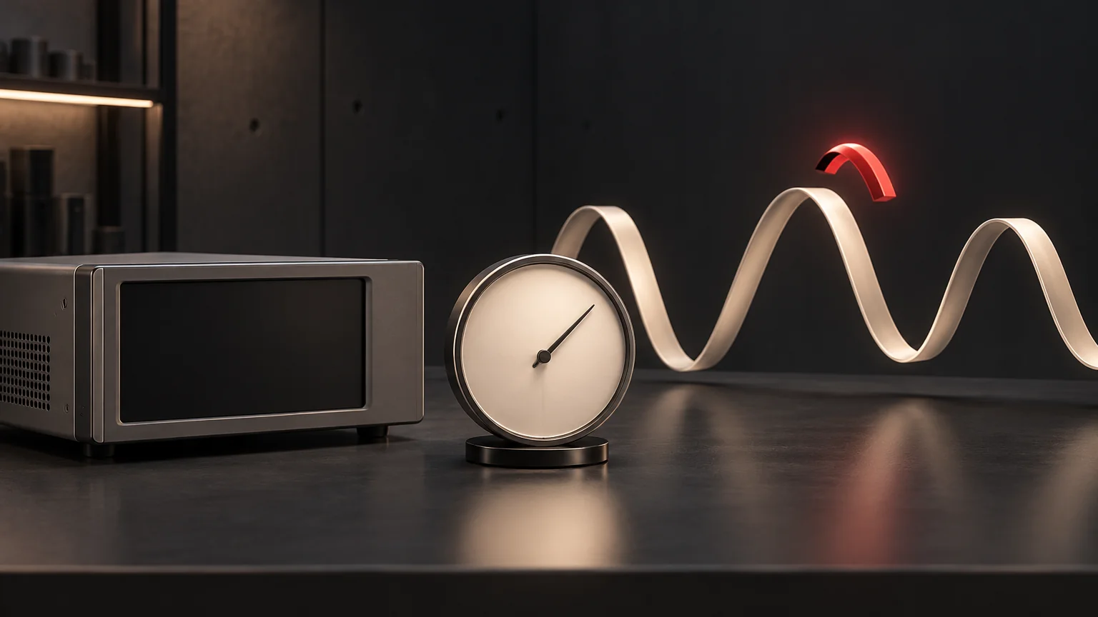 Conceptual steady-reading and brief-event comparison with an unmarked meter and waveform sculpture.