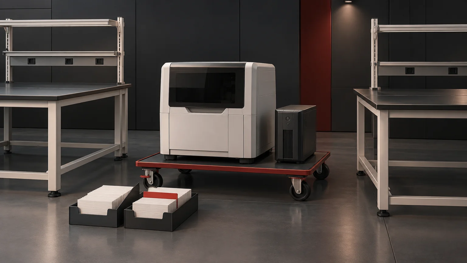 Conceptual laboratory equipment between old and new workspaces with separate evidence trays.