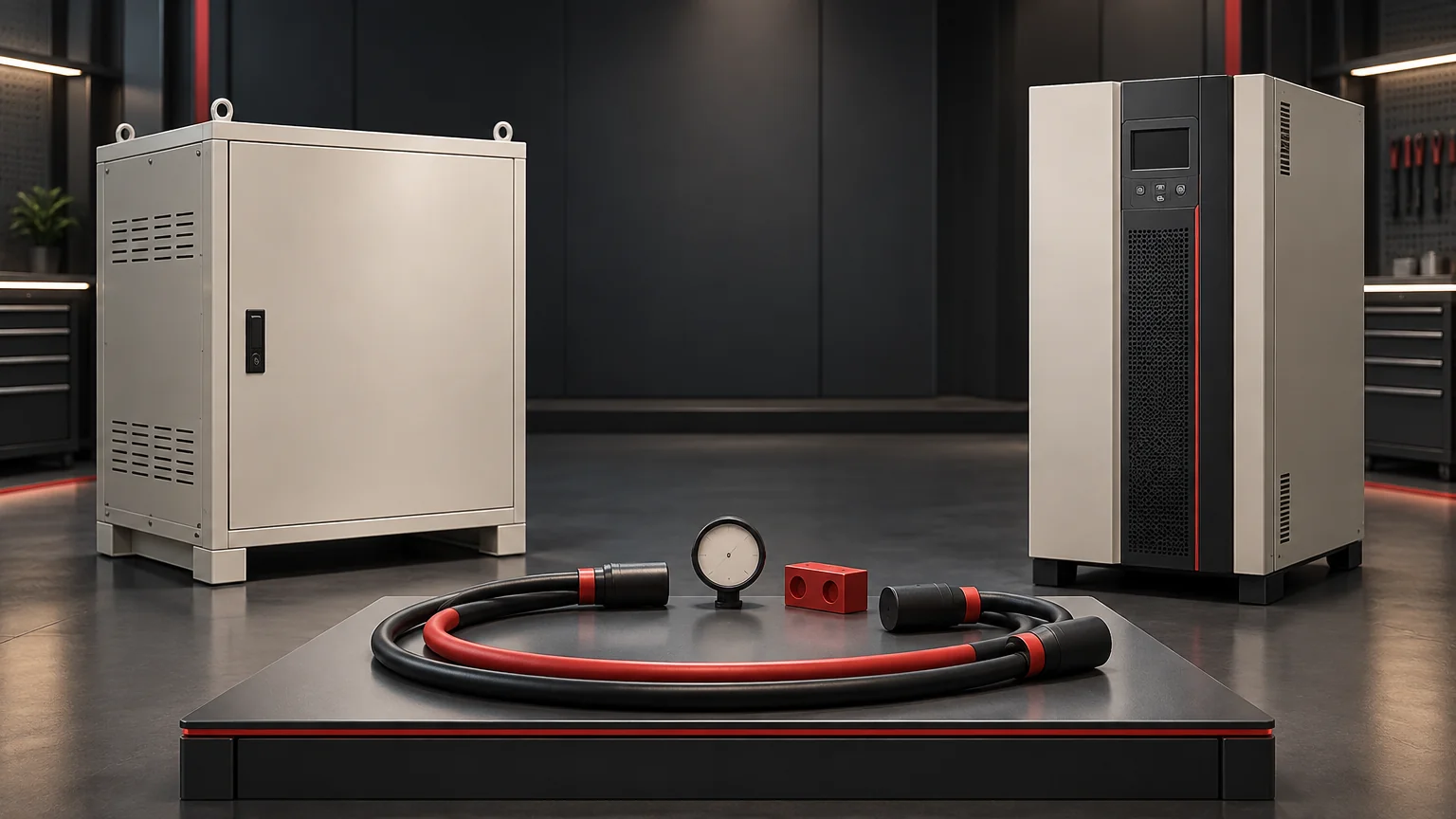 Conceptual disconnected battery-cable samples between separate cabinets; not an approved cable assembly.