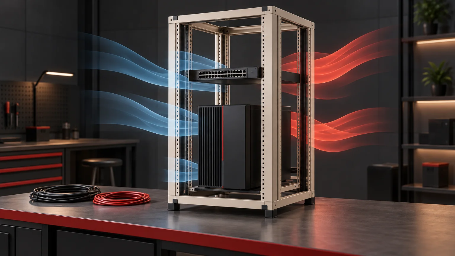 Conceptual rack, UPS and switch with airflow ribbons illustrating a cabinet cooling review.