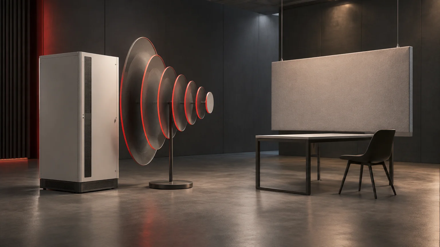 Conceptual UPS sound-source sculpture and a separate occupied-room desk position.
