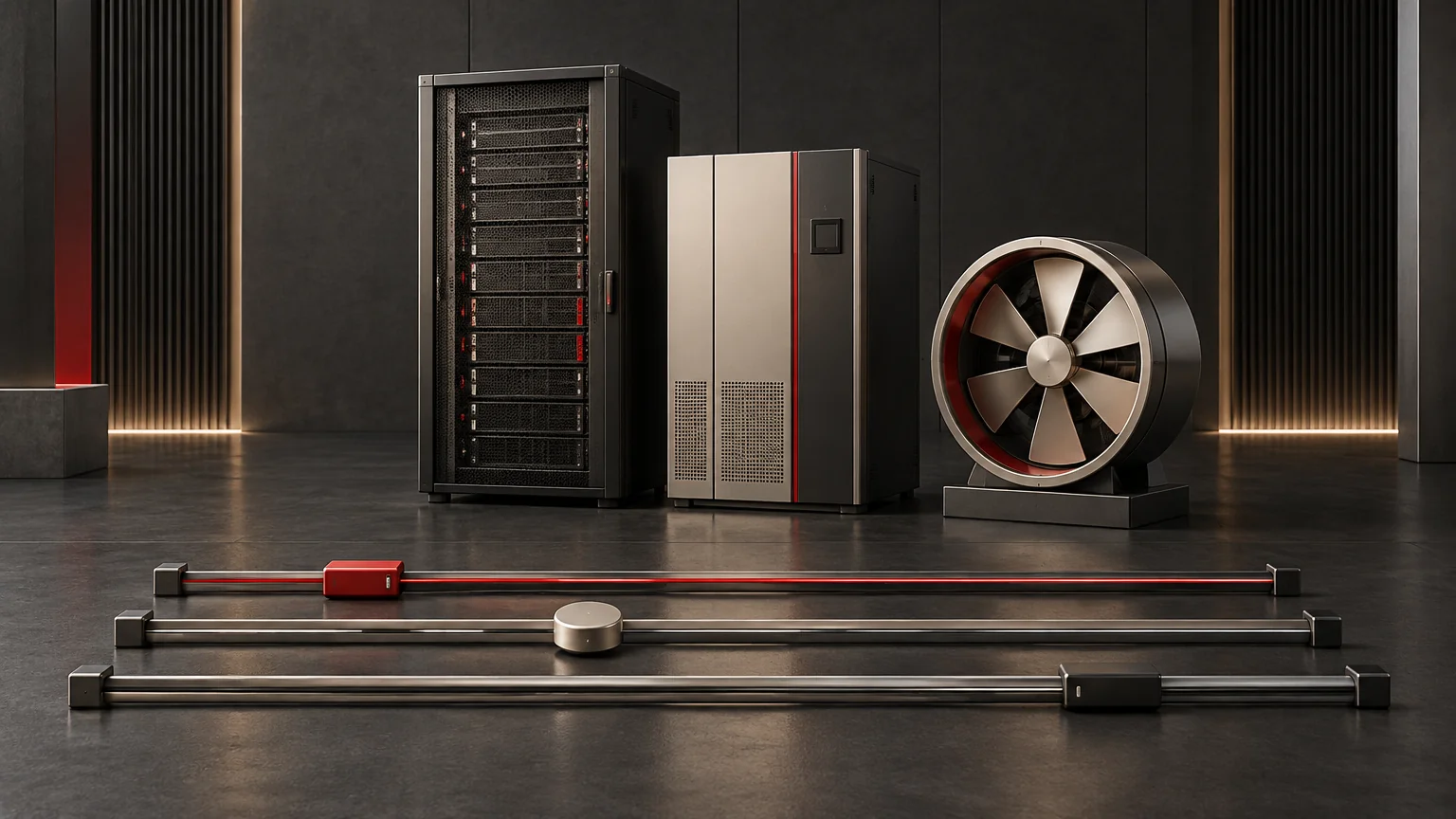 Conceptual server rack, UPS, cooling fan and separate power, cooling and task timeline markers.