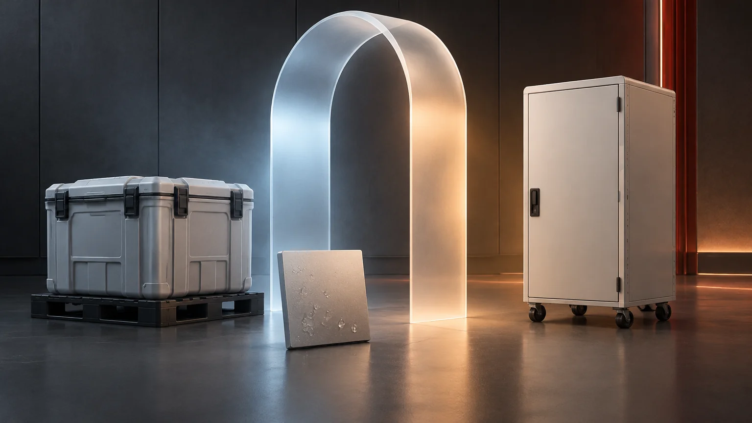Conceptual cold-storage crate, transition arch and mobile cabinet with a separate condensation sample.