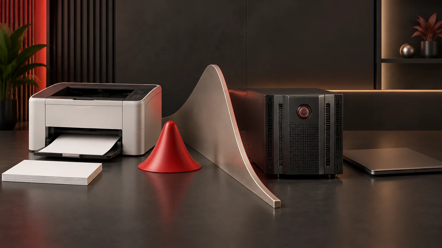 Conceptual laser printer separated from UPS-backed IT, with an unscaled demand-peak sculpture.