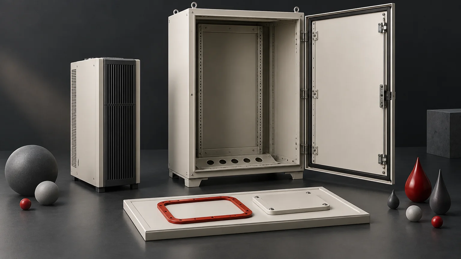 Conceptual empty outer enclosure, separate UPS and detached gasket and cable-entry samples.