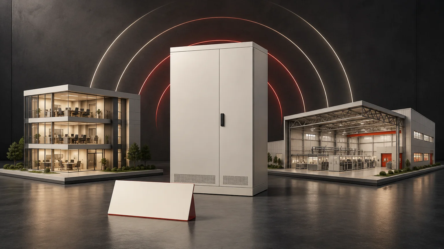Conceptual UPS cabinet, office and factory models with abstract electromagnetic wave arcs.