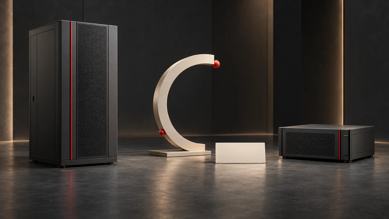 Conceptual UPS cabinet and separate server chassis beside an unscaled two-direction study sculpture.