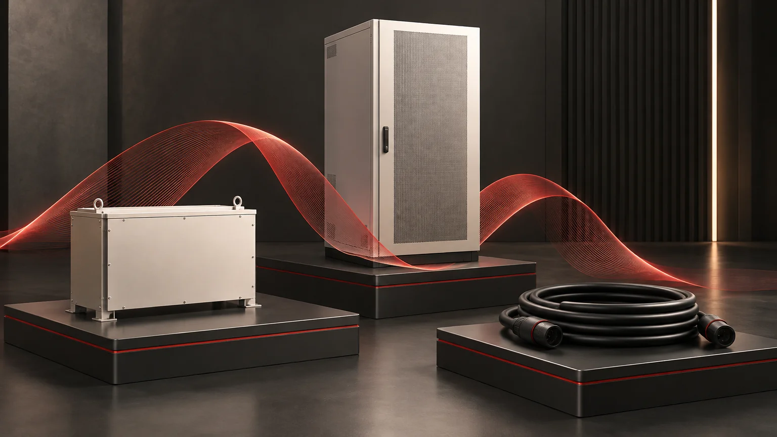 Conceptual power-converter cabinet, separate filter housing and disconnected cable with an unscaled response ribbon.