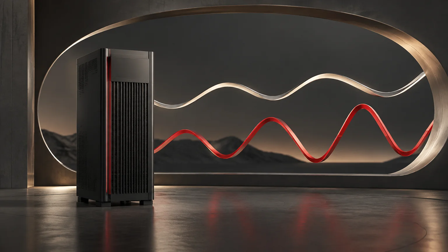 Conceptual UPS beside unscaled changing-wave sculptures and a window-shaped frame.