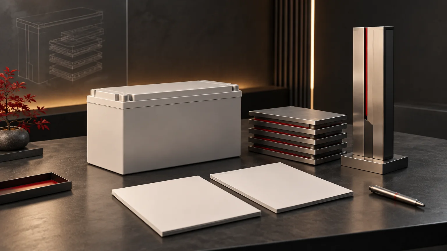 Conceptual sealed battery, stacked energy tiles, tall duty sculpture and blank comparison folios.