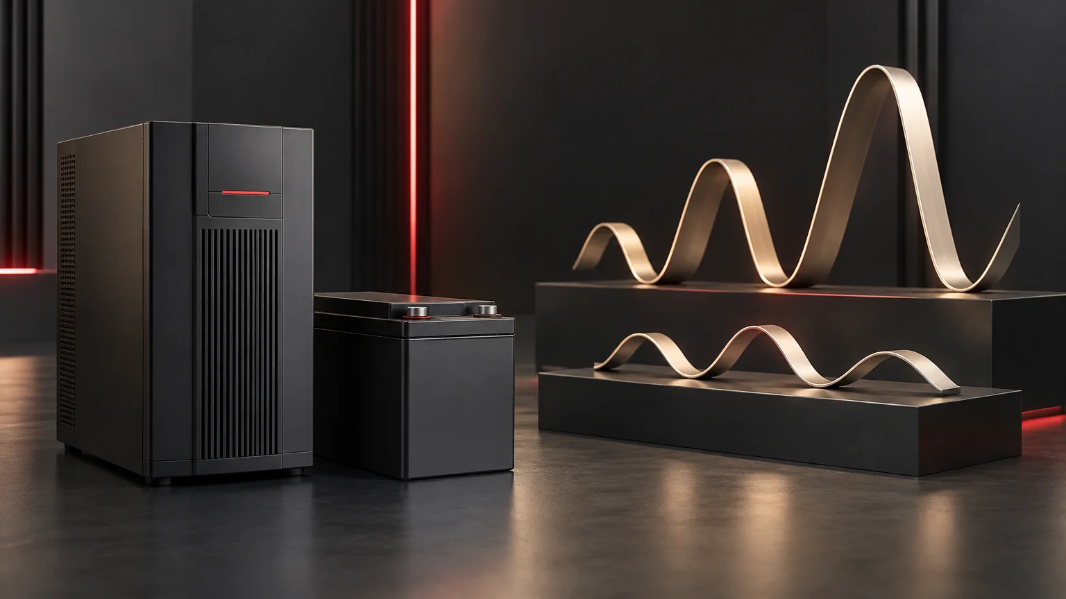 Conceptual UPS and separate battery beside two distinct unscaled wave sculptures.