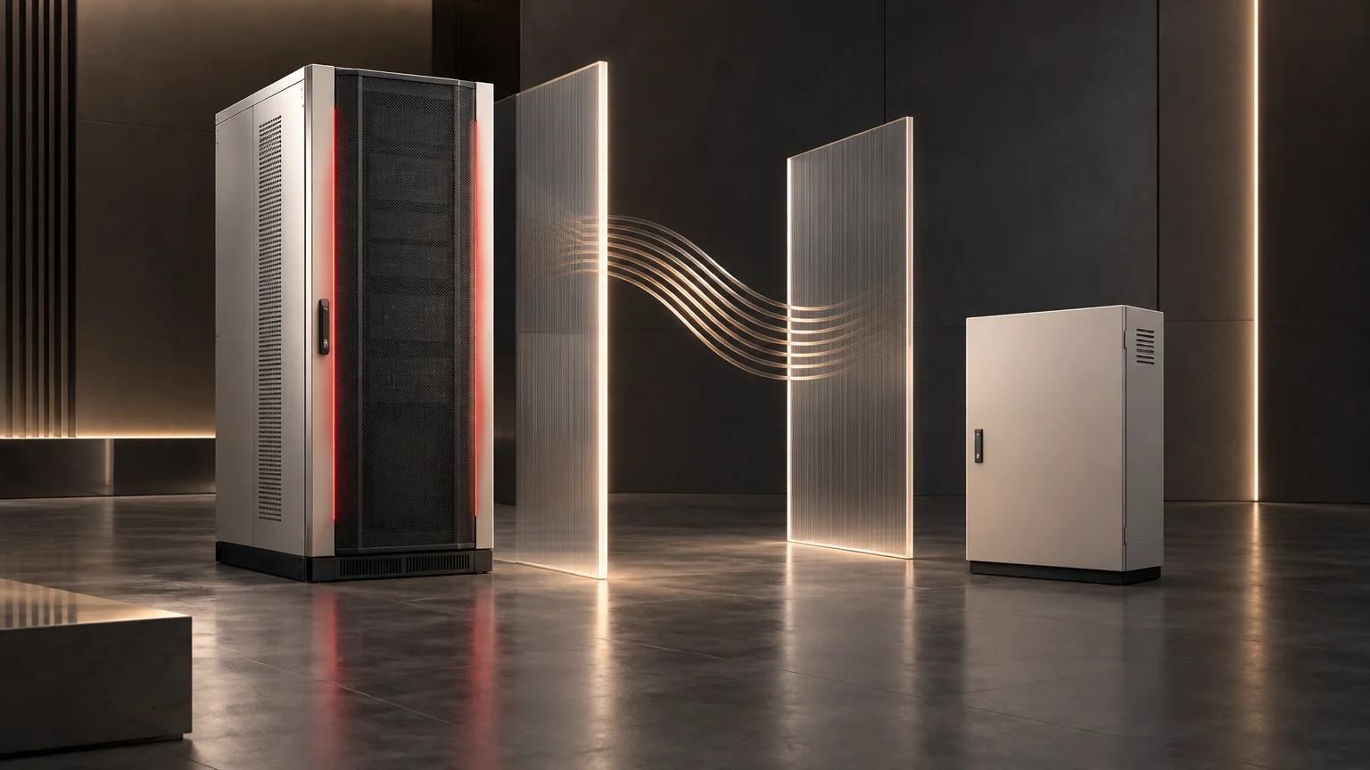 Conceptual converter and control enclosures separated by translucent panels and a coupling-wave sculpture.