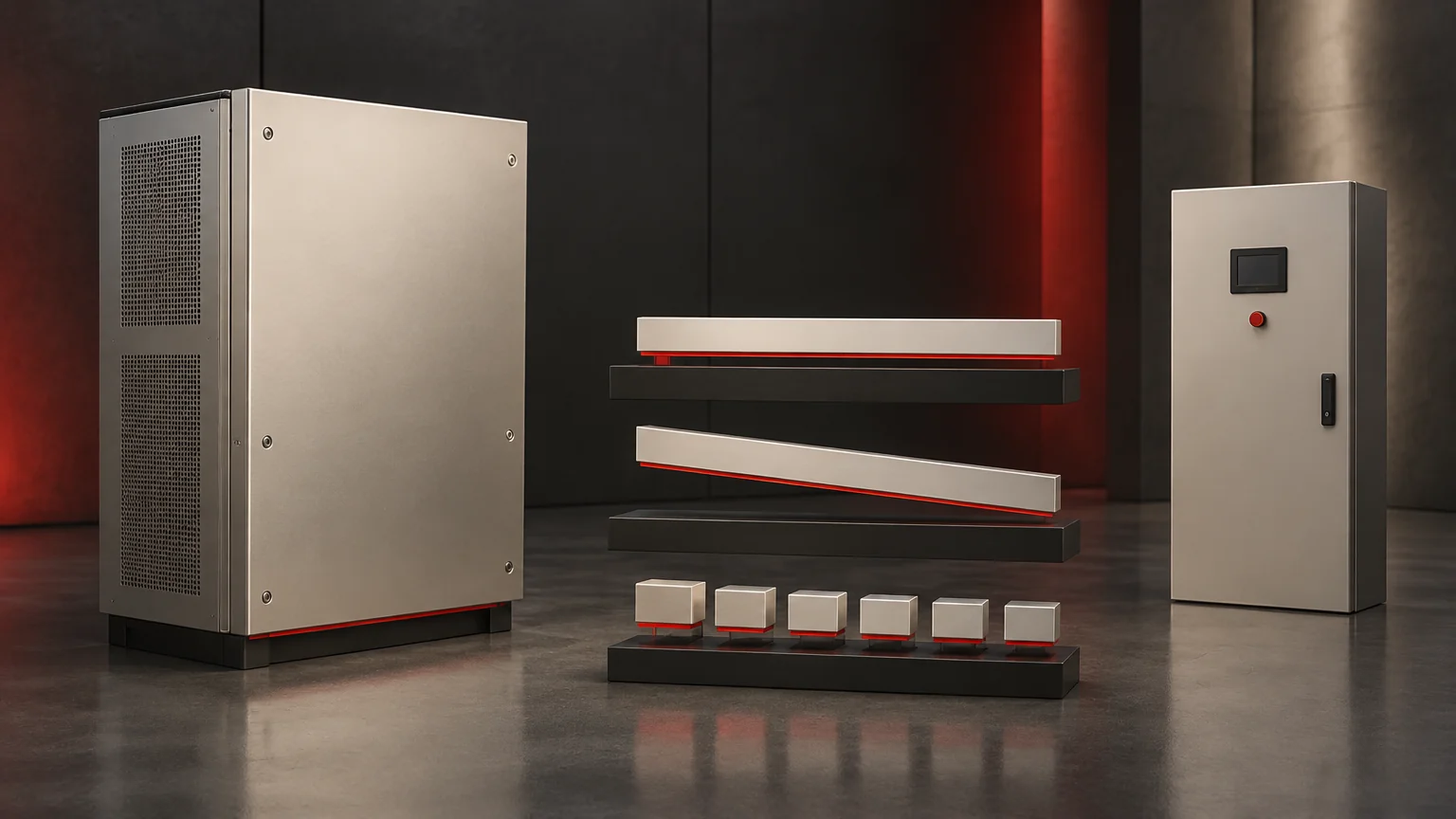 Conceptual converter and control enclosures beside level, sloping and intermittent response sculptures.