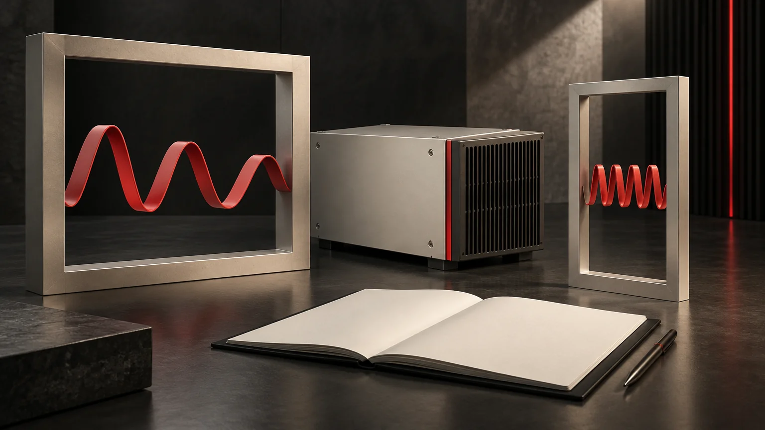 Conceptual converter, separate ripple sculptures, framing objects and a blank comparison folio.