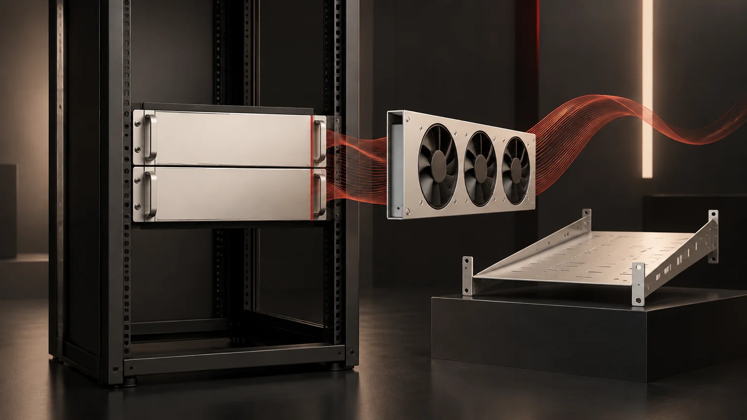 Conceptual rack converter, open cabinet frame, detached fan housing and an unscaled thermal ribbon.