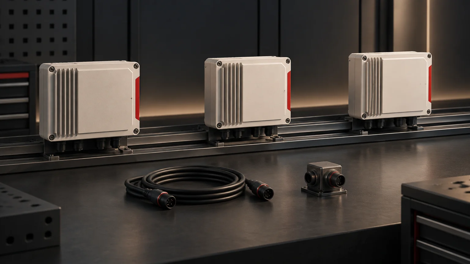 Conceptual separate interface enclosures, disconnected cable and an isolated junction study object.