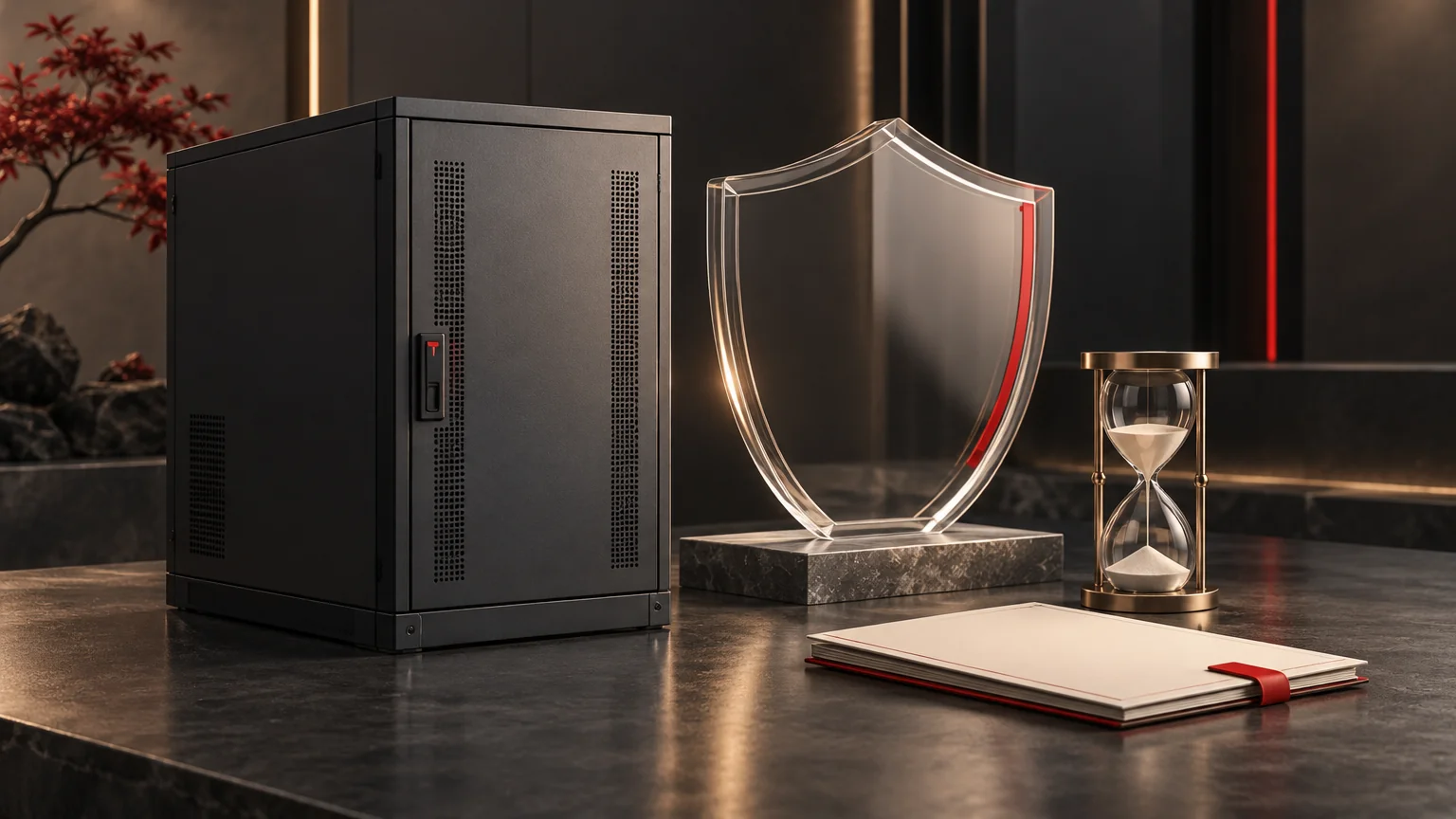 Conceptual network enclosure, shield sculpture, time-study object and blank renewal folio.