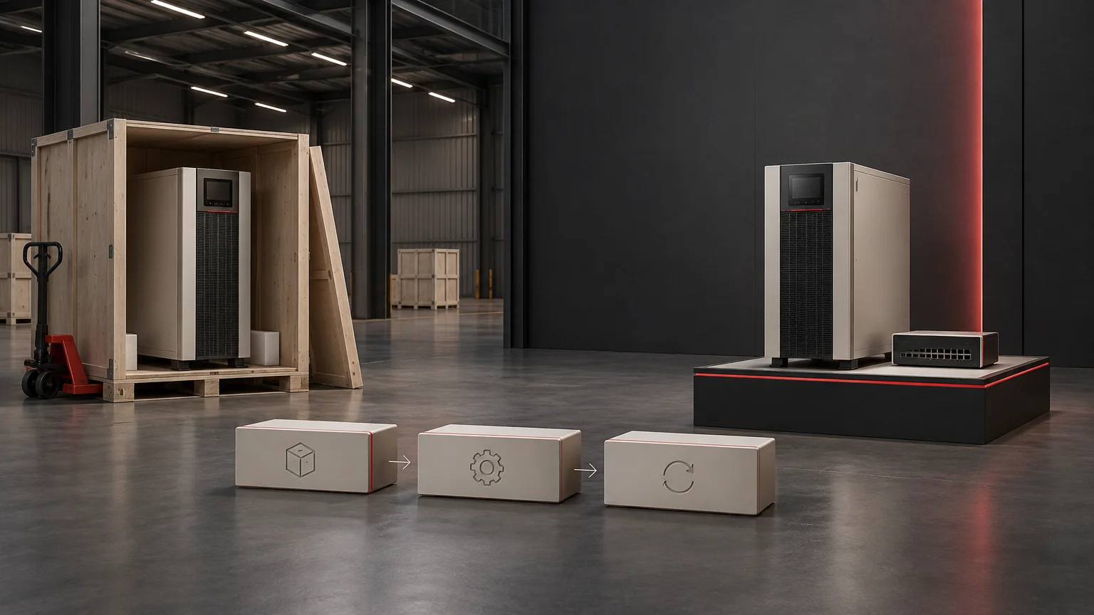 Conceptual packaged spare UPS separated from operating-equipment study objects and blank recovery milestones.