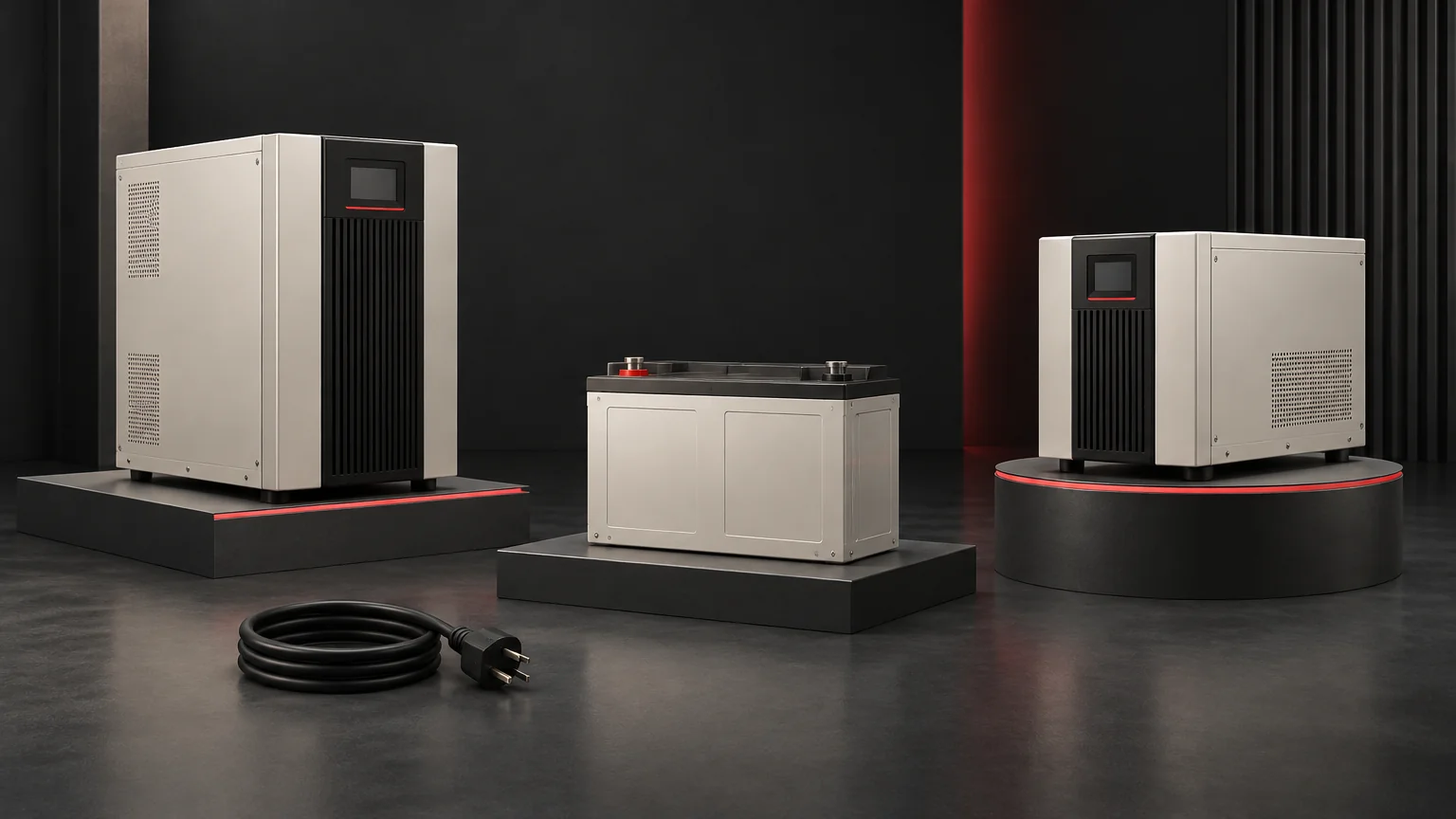 Conceptual separated UPS units, disconnected cord and an independent sealed battery module.