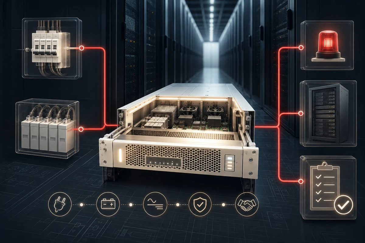 Data-Centre UPS Commissioning Checklist for Rack-Level Systems — conceptual engineering illustration