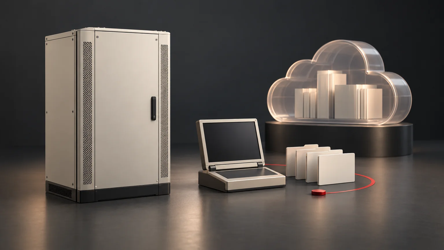 Conceptual power cabinet, local console and separate cloud-shaped archive illustrating monitoring data custody.