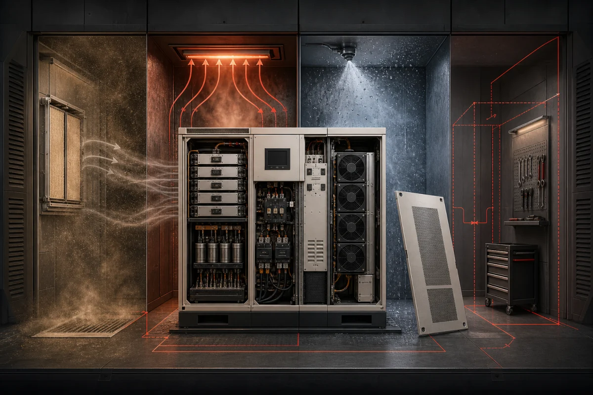 Industrial UPS Site Conditions: Dust, Heat, Salt Mist and Service Access — conceptual engineering illustration