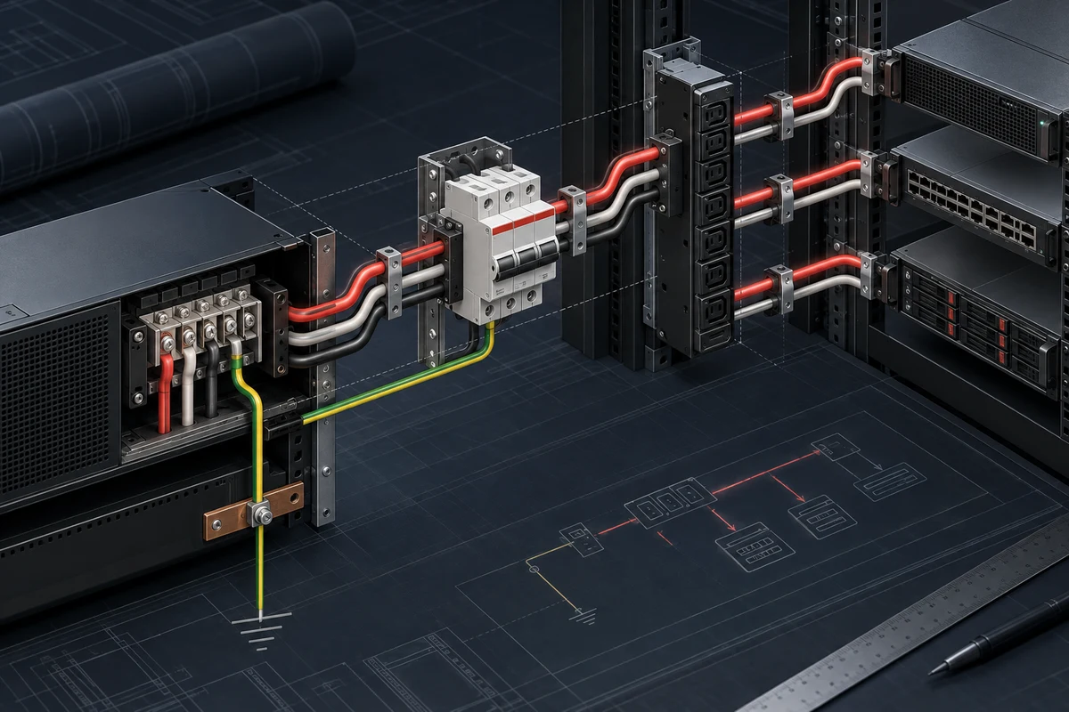 Rack UPS Output Connection Checklist: Terminals, PDUs and Circuit Protection — conceptual engineering illustration