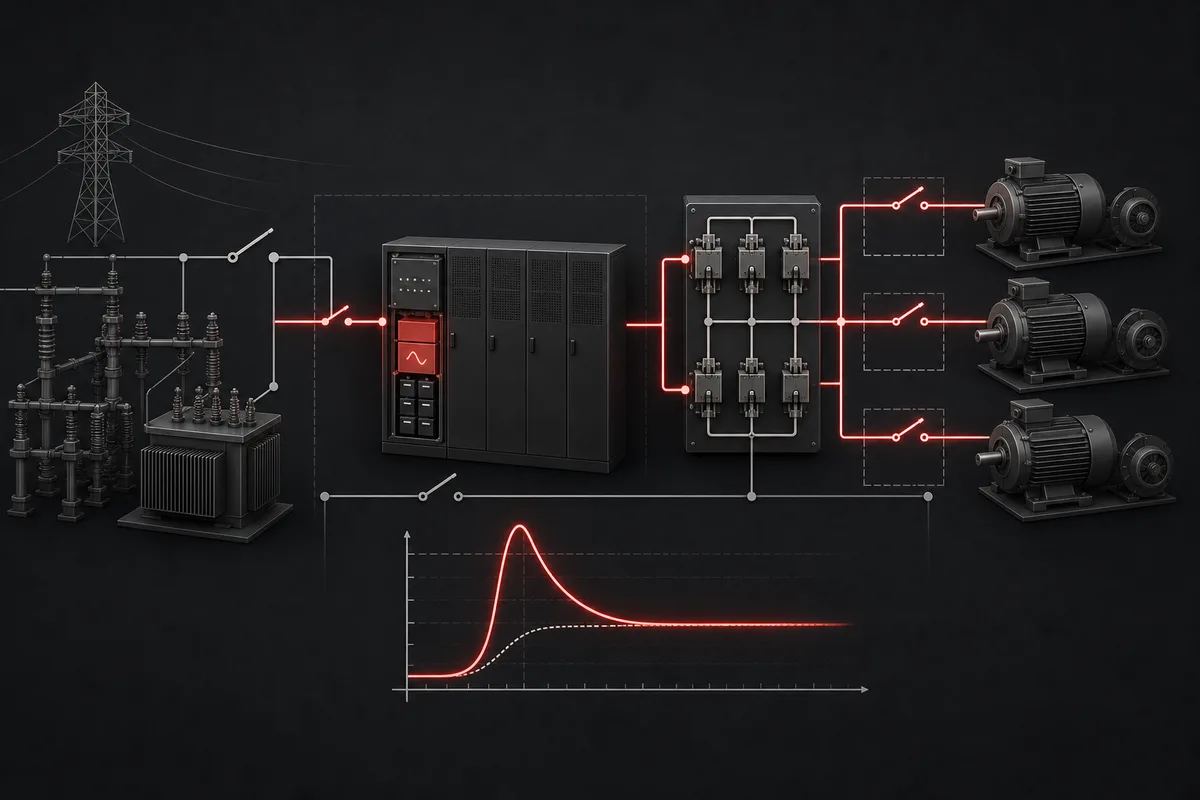Sizing an Industrial UPS for Motors, Contactors and High-Inrush Loads — conceptual engineering illustration