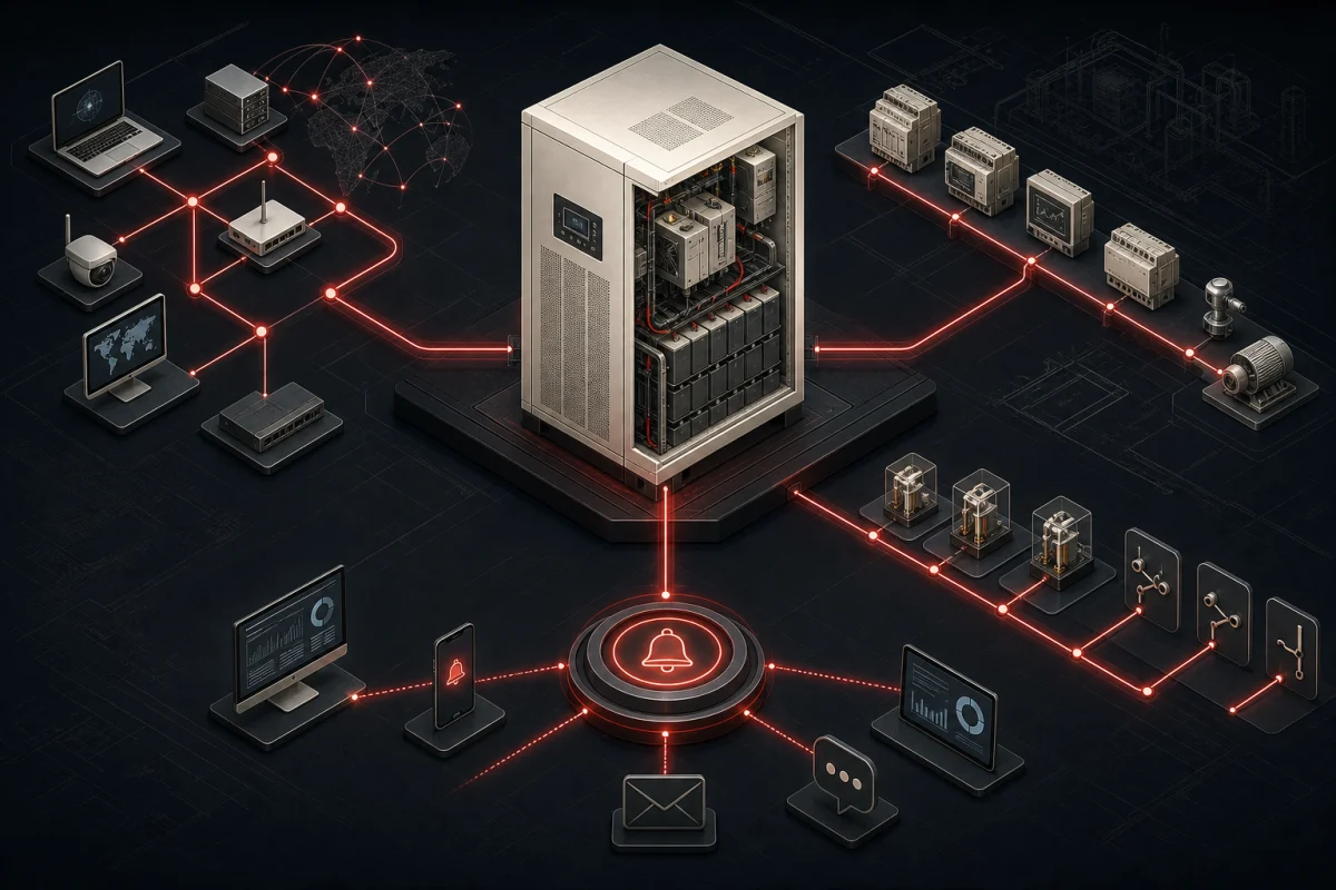 SNMP, RS485 and Dry Contacts: Choosing UPS Monitoring Interfaces — conceptual engineering illustration