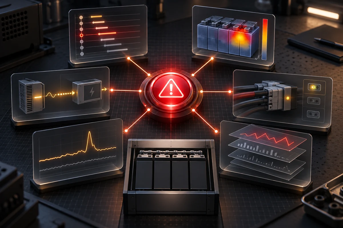 UPS Battery Alarm: What Information to Capture for Technical Support — conceptual engineering illustration