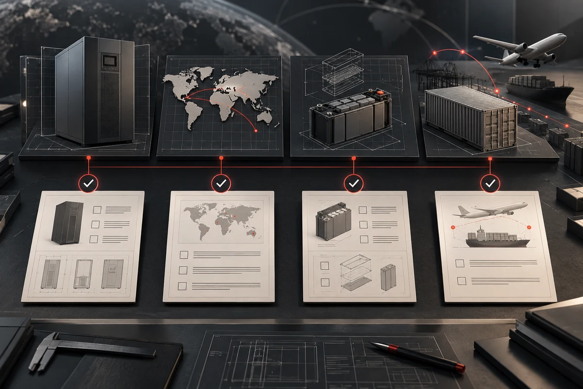 UPS Compliance RFQ Checklist: Model, Market, Battery and Shipment — conceptual engineering illustration