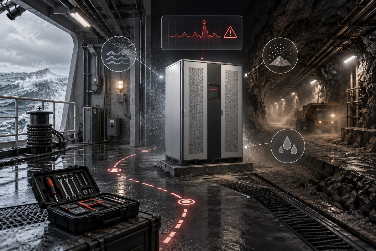 UPS Maintenance at Remote Marine and Mining Sites — conceptual engineering illustration
