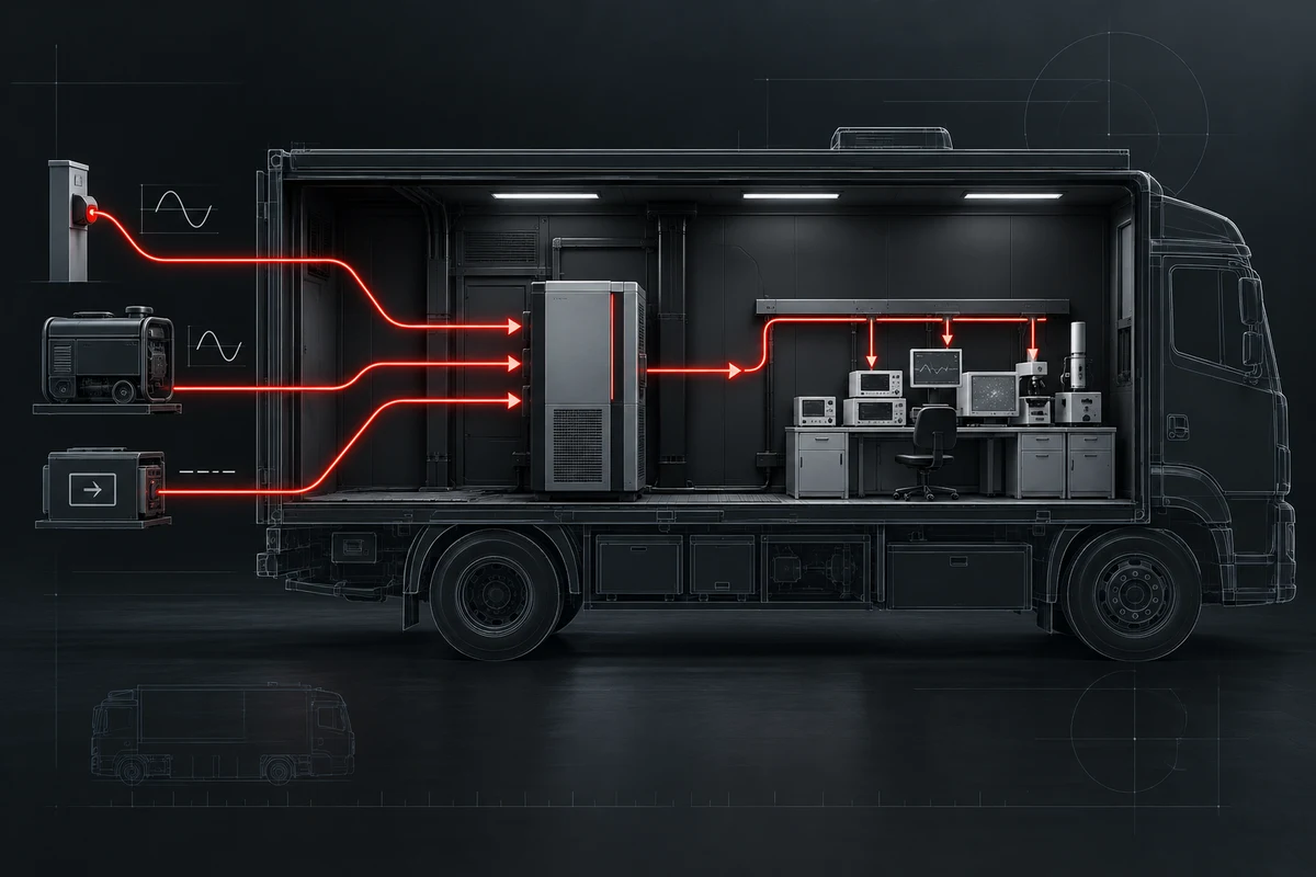 Vehicle-Mounted UPS Input Sources: Shore Power, Generator and Onboard Conversion — conceptual engineering illustration