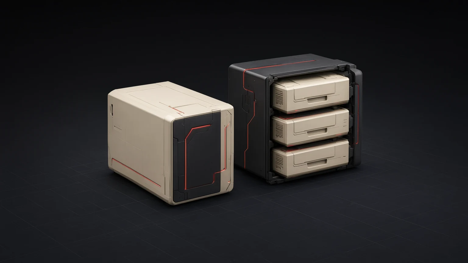 Conceptual engineering illustration of two generic power assemblies with different storage arrangements; not photographs of ET or C products.