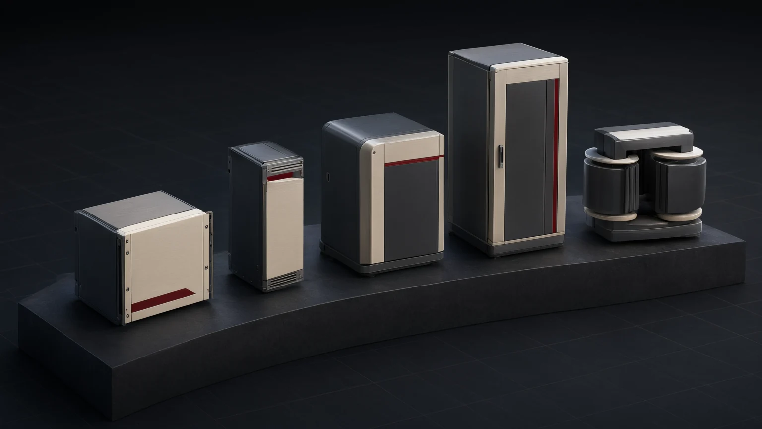Conceptual inverter-selection illustration with distinct generic equipment envelopes and a separate transformer form; not an H-family product specification.