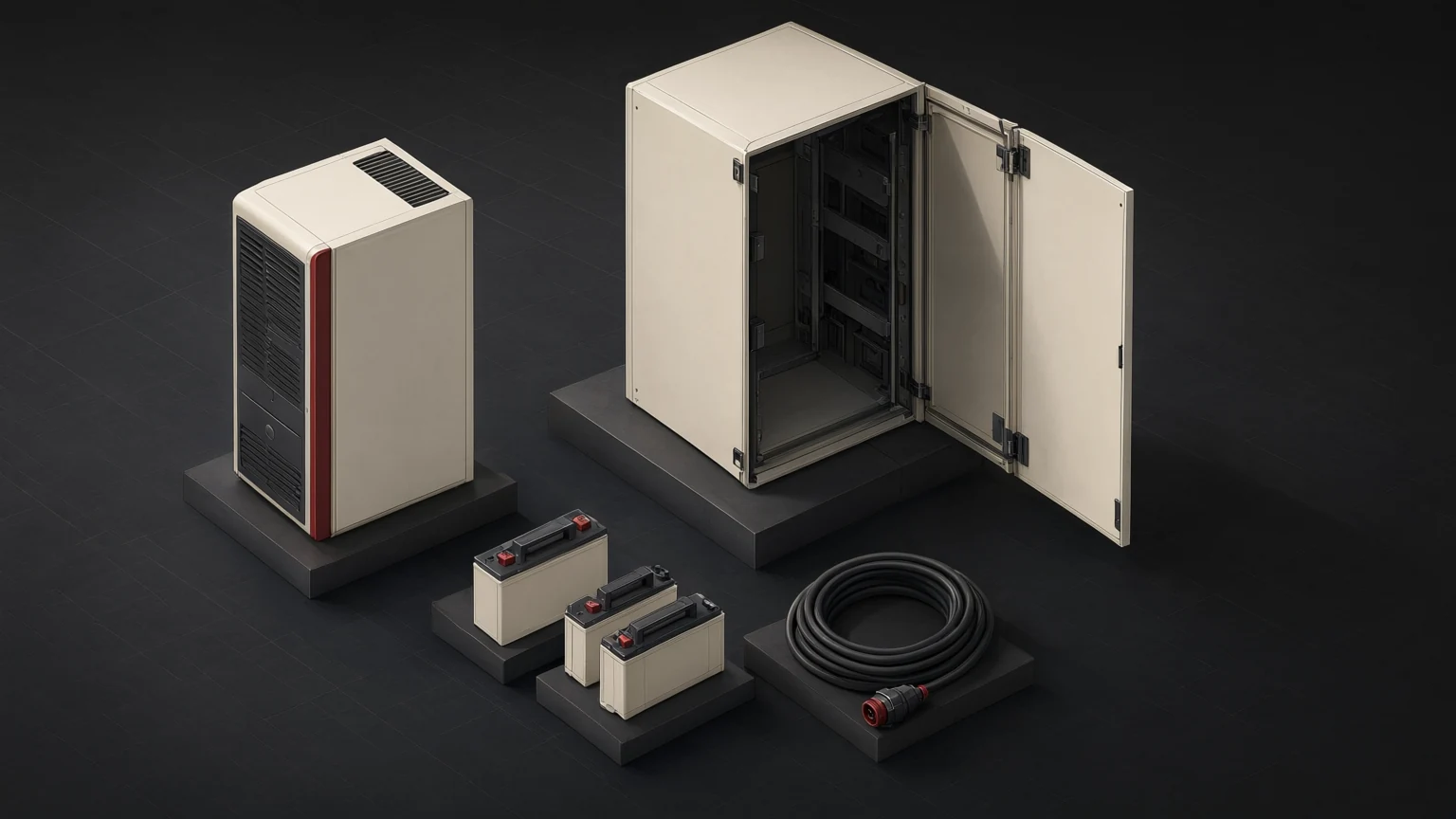 Conceptual bill-of-materials still life separating a generic power host, empty cabinet, storage modules and disconnected cable; no compatibility is implied.
