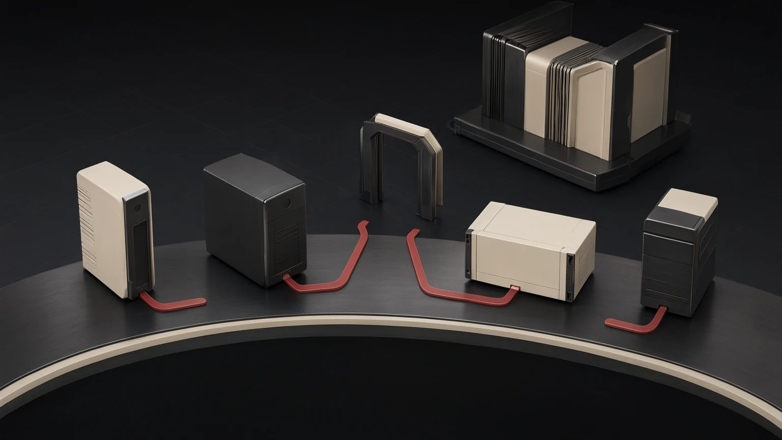 Conceptual selection scene with separate generic power-supply alternatives and an abstract load interface; no voltage or compatibility claim is depicted.