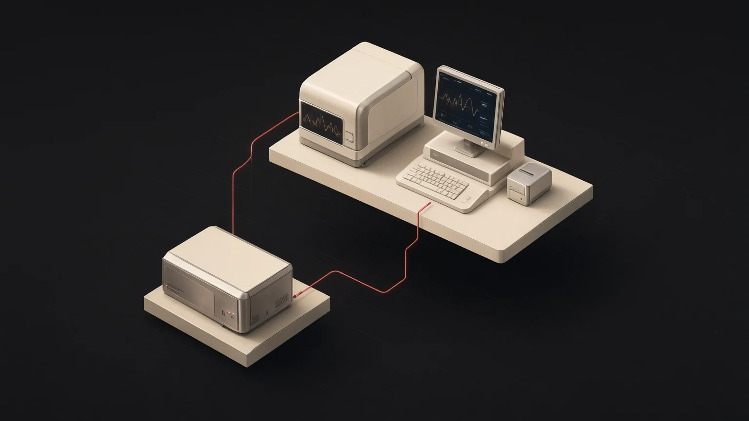 Conceptual laboratory power-dependency illustration with an instrument, workstation and generic power module; not a photograph of a customer laboratory.