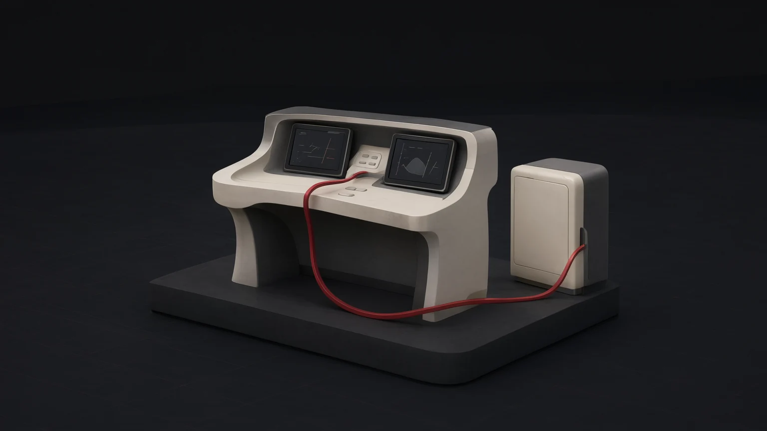 Conceptual navigation-console and backup-power illustration for an ECDIS dependency discussion; not a real vessel or evidence of maritime approval.